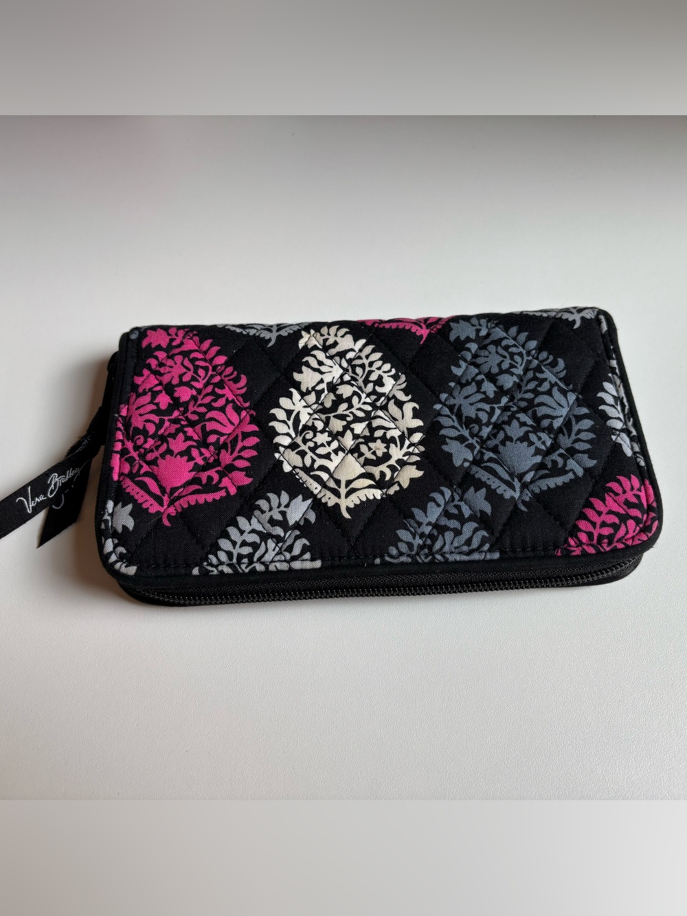 Vera Bradley Quilted Zip Wallet in Black, Pink & Gray Floral